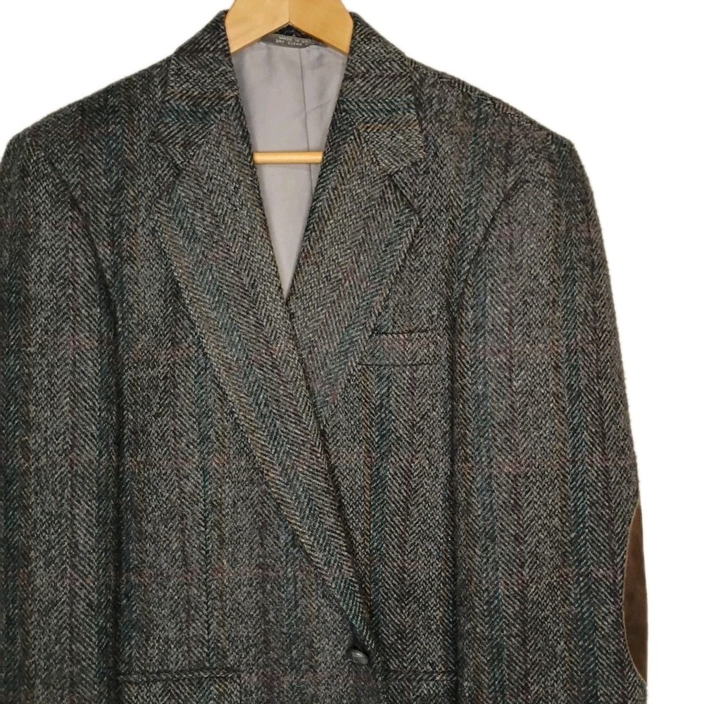 Haggar Blazer Mens 40 Gray Herringbone Tweed‎ Elbow Patches Sport Coat Jacket